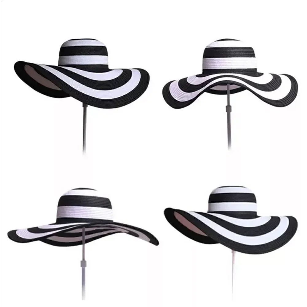 SUPER CHIC Striped Wide Brim UV Protection Summer Beach Sun Hat Adjustable
